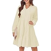HUSKARY Baby Doll Dresses Women Fall Casual Tie V Neck Ruffle Tiered Tunic Dress Knee Length Cute Dresses with Pockets