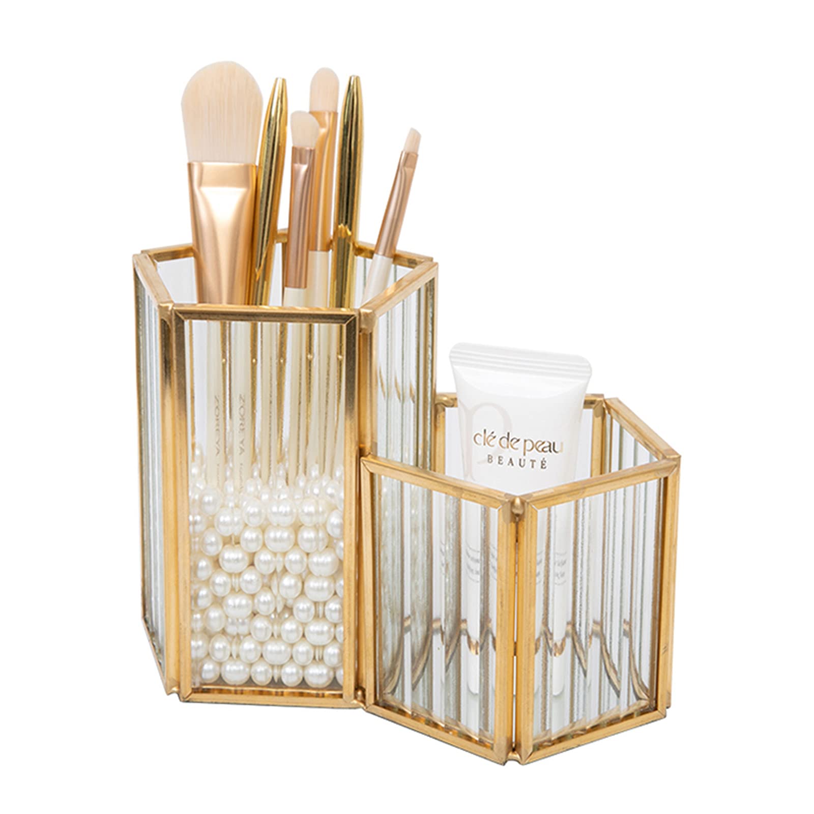 SLHEQING Makeup Organizer Gold Makeup Brush Holder Glass Cosmetic Organizer, Vintage Make up Storage, 2 Compartments Dressing Table Organiser for Brushes, Eyeliner, Pen, Lipstick and More
