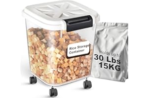 LivLab Mker Large Rice Storage Container 30 lbs, Airtight Pet/Cat Treat Storage Bin with Lids, Attachable Wheels, Great for Flour & Rice, Easy Mobility, BPA Free, White