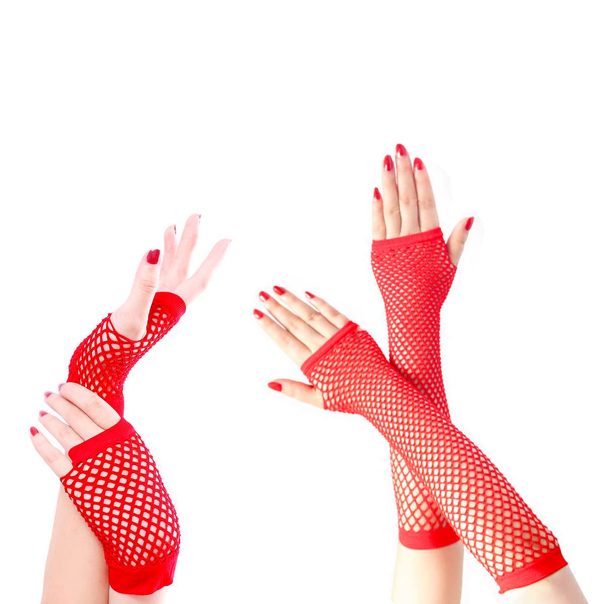Jagowa 2 Pair Retro Fishnet Gloves, Long and Short Fishnet Fingerless Gloves (Red)