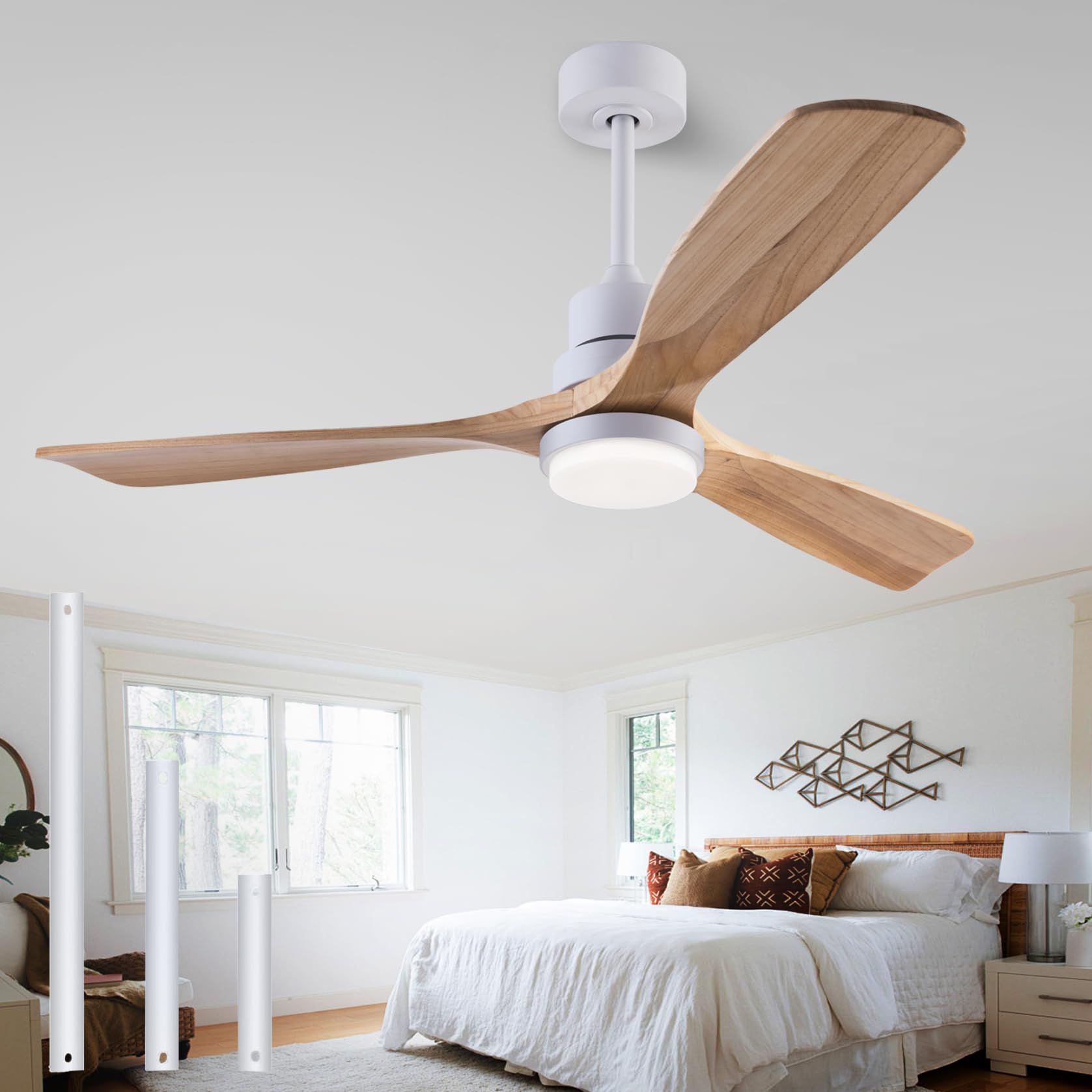 Photo 1 of 48" Wooden Ceiling Fans with Lighted Remote Control, Indoor Outdoor Wooden Ceiling Fan, Outdoor Modern Ceiling Fan with 3 Fan Blades for Patio, Living Room, Farmhouse, etc (White + Wood Color)…