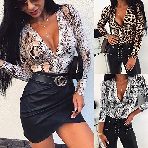 Loalirando-Body-Donna-Camicia-a-Manica-Lunga-Stampa-Leopardata-Tutine-Donna-Tuta-Stampa-Serpente-Aderente-Scollo-a-V-Sexy