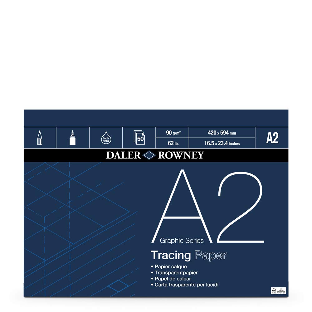 Daler-Rowney Graphic Series, Tracing Paper, Smooth Surface, 90 gsm, 62lb, Pad, Glued 1 Side, A2 - 16.5 x 23.4in - 42 x 59.4 cm, 50 sheets