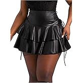 BEAUDRM Women's Plus Size PU Leather Layered Ruffle Skirt Drawstring High Waist Party Rave Concert Mini Skirts