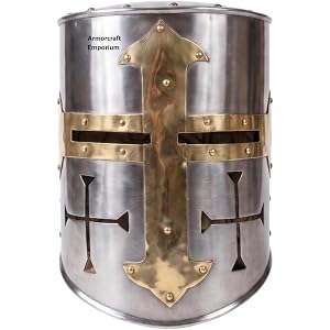 Medieval Templar Great Helm Helmet with Brass Cross Design for Knight Costume, LARP & Historical Reenactment
