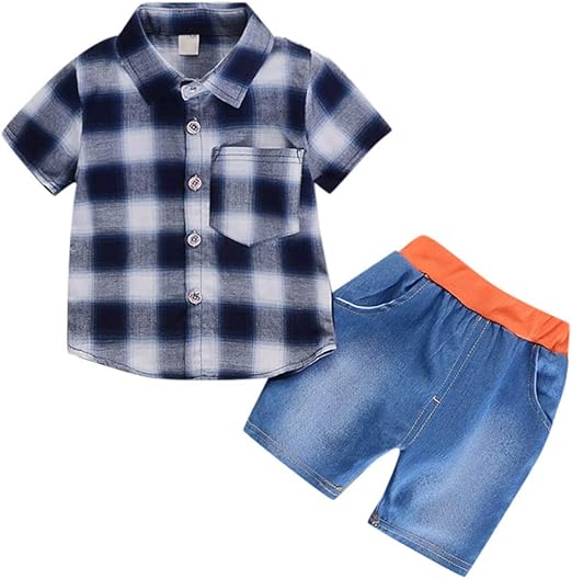 NEW Baby boys Pure cotton plaid short-sleeved shirt jeans out//2pc Fit 2-7T