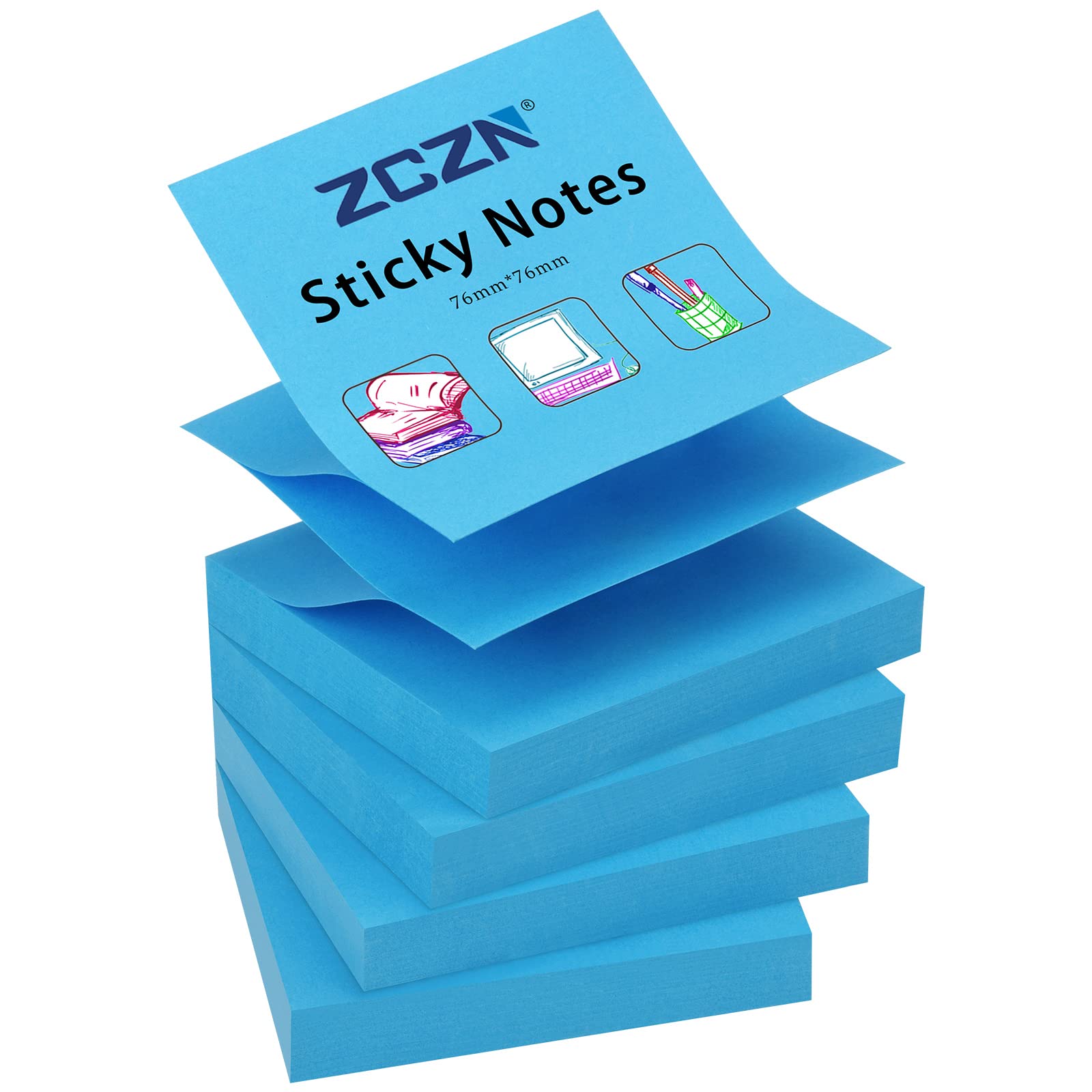 ZCZN Pop-up Sticky Notes 76 x 76 mm, 4 Pads Bright Colour Self-Stick Notes, 100 Sheets/Pad, Blue