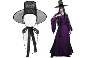 playneeu Korean Gat Hat Cosplay Accessory – Traditional Joseon Dynasty Black Mesh Hat with Beaded Chains & Ribbon | Kpop Idol Style Costume for Men, Halloween Party & Stage Performance