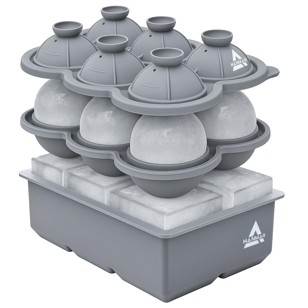HANMAR® Large Ice Cubes + Ice Balls Combo (2 in 1) - Large Ice Cube Moulds - Slower Melting Easy to Remove Ice Sphere - Ice Cube Tray - Silicone ice Cube Tray - Round ice Cube Moulds - Ice Ball Mould