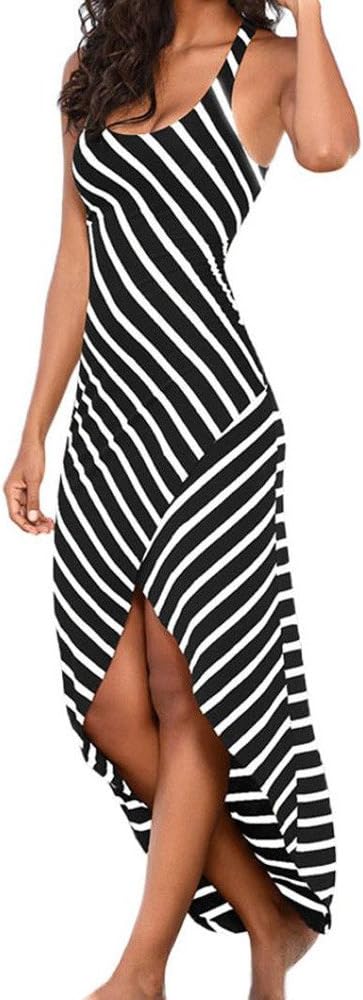 ZOMUSA Women Casual Sundress Sleeveless Striped Loose Long Beach Dress