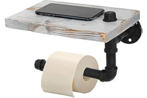 VERGOODR Retro Industrial Style Wall-Mounted Iron Pipe & Wood Toilet Paper Holder with Wood Shelf Phone Tray for Bathroom Kitchen (Washed White)
