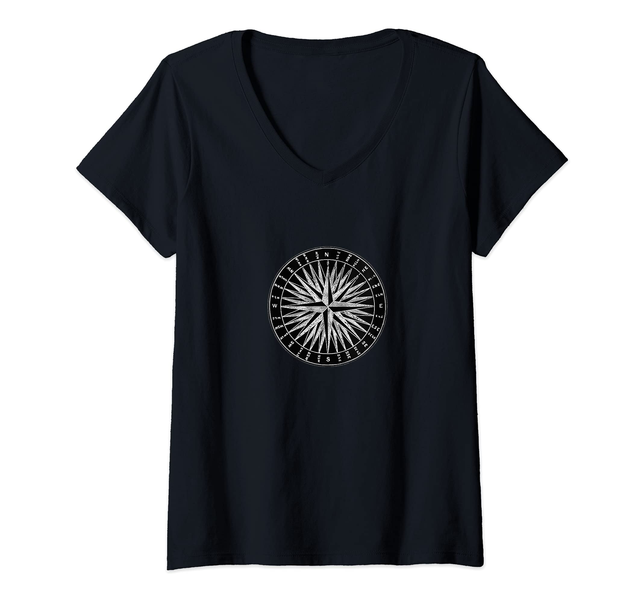 Womens COMPASS ILLUSTRATION VINTAGE TRAVEL Camping Outdoor Sport V-Neck T-Shirt