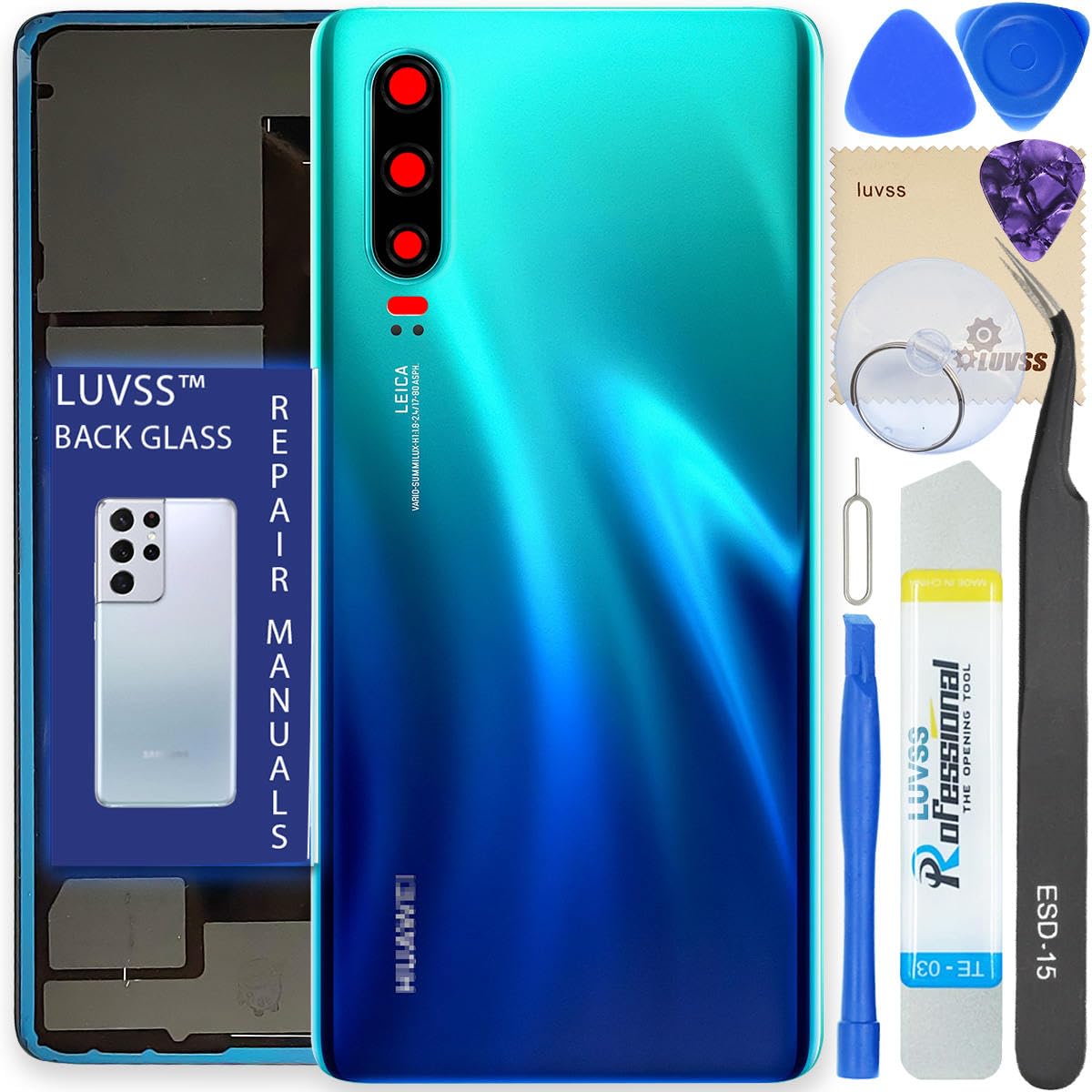 LUVSS Back Glass Cover Replacement Compitable for Huawei P30 Pro Rear Cover + Camera Lens + Repair Manual DIY Tools Kit (Aurora)