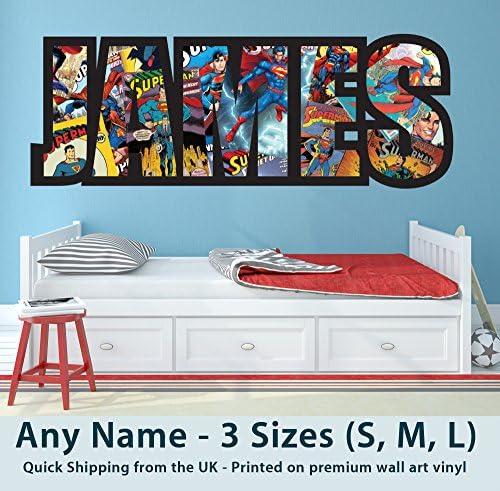 Childrens Name Wall Stickers for Boys/Girls/Kids Bedroom - Personalised Gift Any Name Printed in Superman Comics Design Wall Art/Decals/Stickers - Premium Quality Removable Vinyl