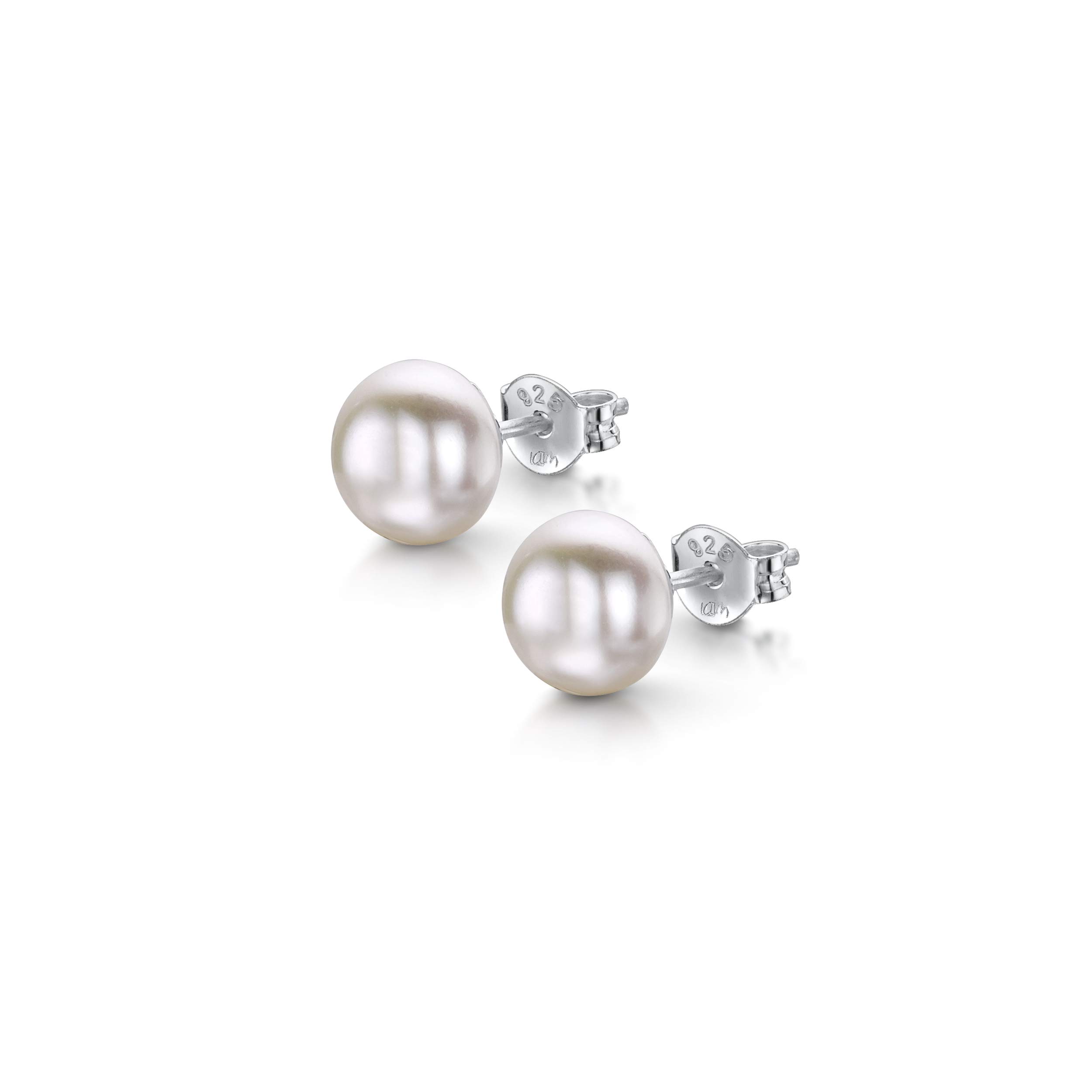 Amberta Women's 925 Sterling Silver Freshwater Pearl Stud Earrings: 7 to 8 mm White Pearl