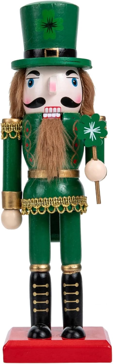 Nutcrackers - Amosfun 10 Inch Nutcracker Figures Wooden Irish Nutcracker Ornament Traditional Wooden Nutcracker Green Nutcracker Soldier for St. Patricks Day Decorations