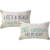 ULOVE LOVE YOURSELF Vintage Style Beach Throw Pillow Case Life is A Beach Cushion Cover 12 X 20Inch,2Pack Nautical Lumbar Pillowcase for Sofa/Couch/Porch