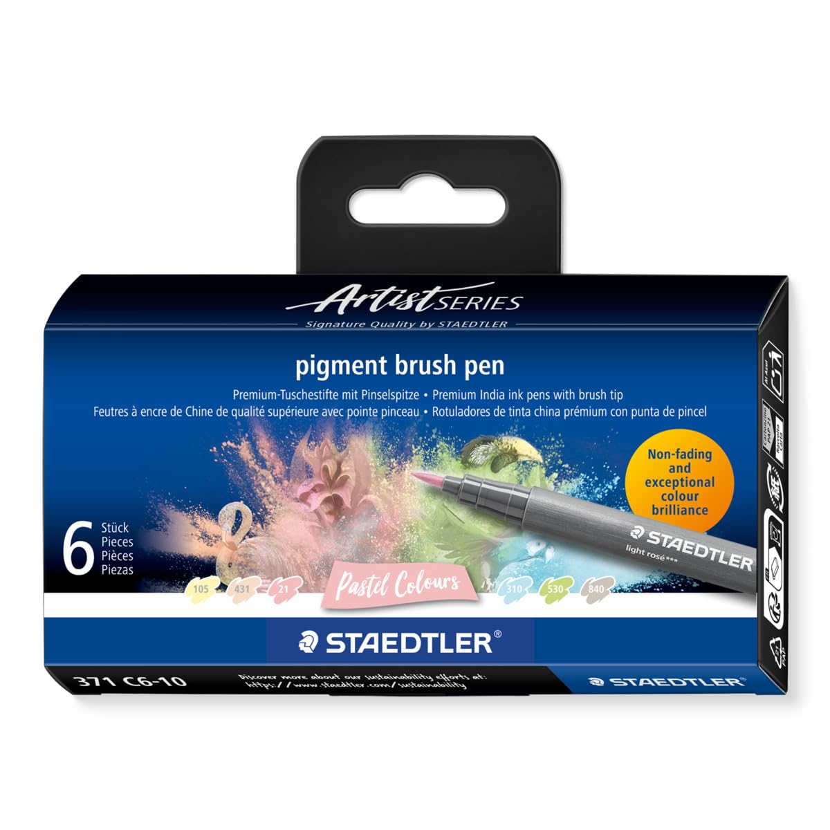 STAEDTLER 371 C6-10 Pigment Arts Brush Pen - Assorted Pastel Colours (Pack of 6)