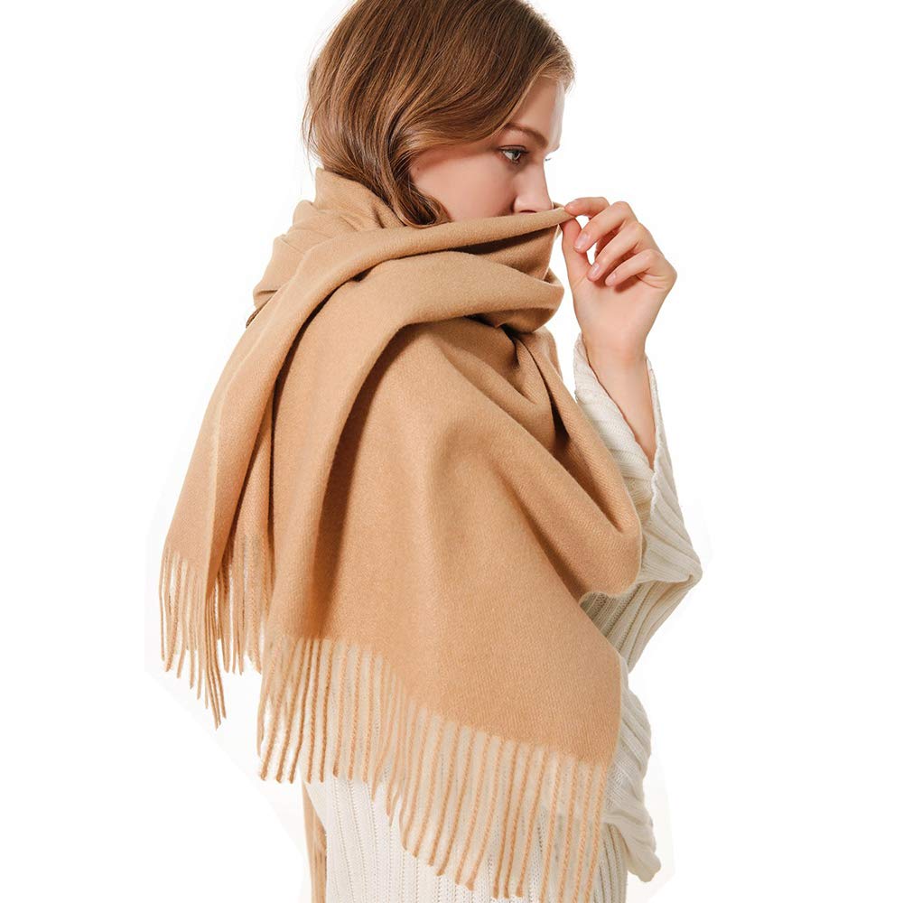 Solid Color Cashmere Scarf for Women Soft Pashmina Wraps Shawls with Fringe for Winter (Camel)