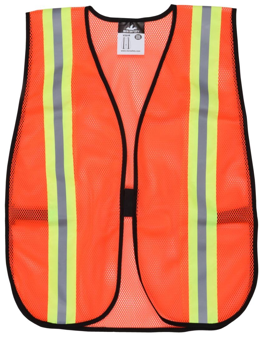 MCR Safety V201R Polyester Mesh General Purpose Safety Vest with 2-Inch Lime/Silver Reflective Stripe, Fluorescent Orange