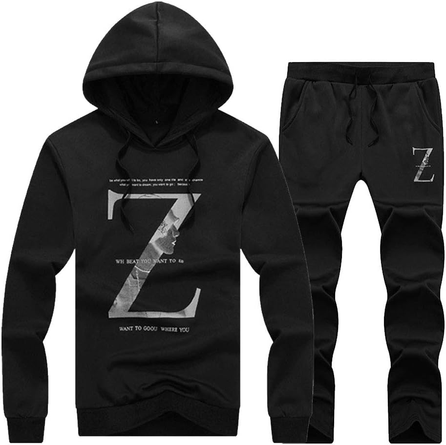 Men's Casual 2 Piece Outfits Long Sleeve Hooded Sweater Top& Pants Jumpsuit Set