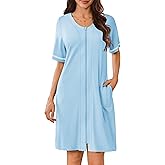 Ekouaer Women Zipper Robes Short Sleeves Housecoat Lightweight Bathrobes Zip Up Robe Casual Nightgown with Pockets S-2XL