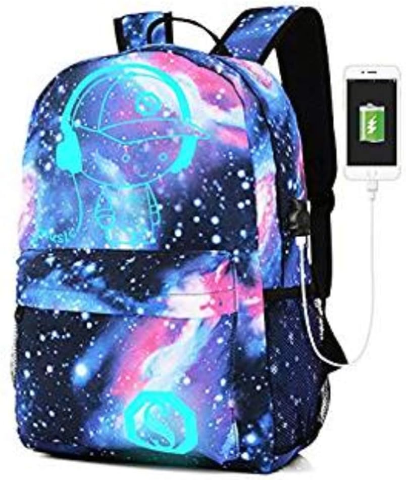 CHUN Luminous USB School Backpack Bag Leisure Star Student Lightweight Backpacks 4-in-1 Galaxy Blue Schoolbag with USB Charging for Boys Girls