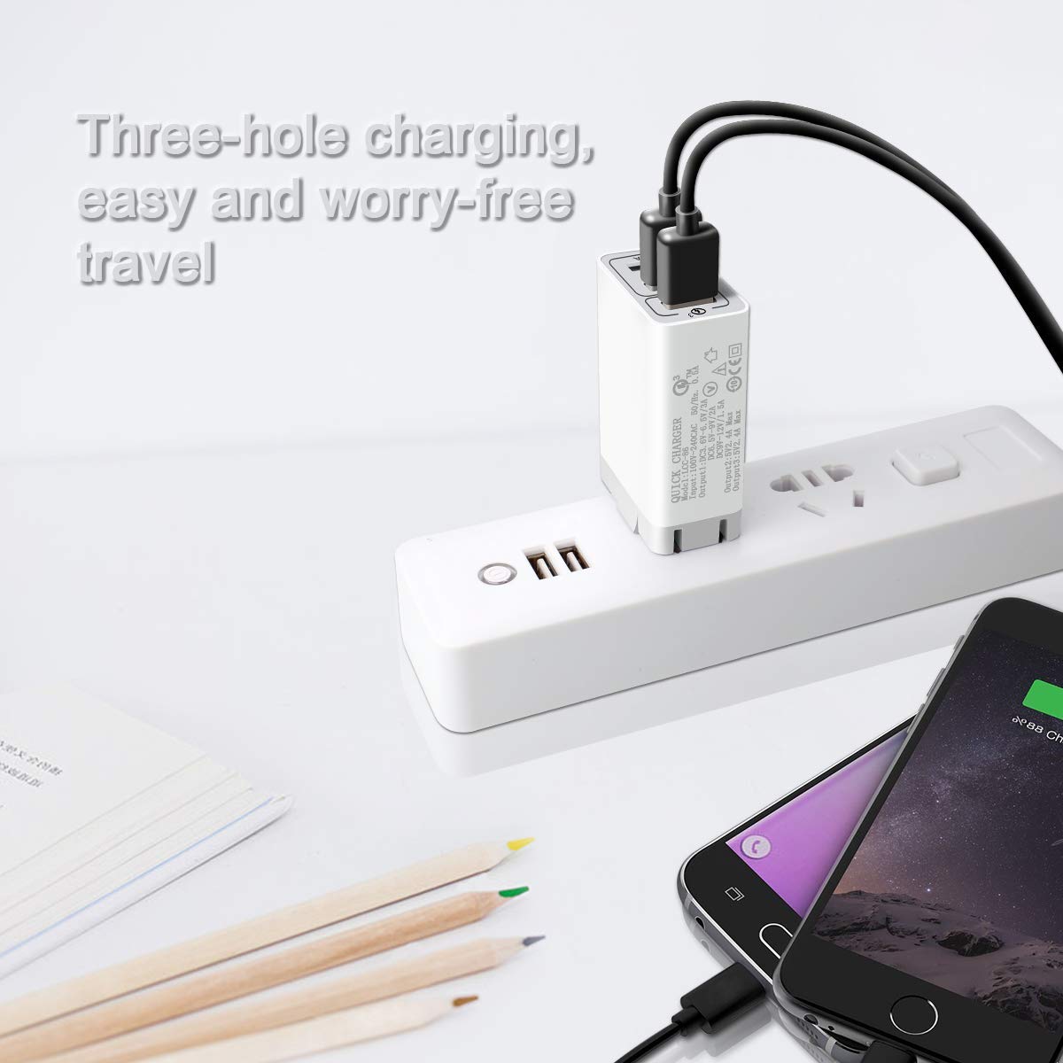 Quick Charge 3.0 Wall Charger, 30W 3 Port Travel Wall Fast Charger Adapter QC3.0 QC2.0 SmartPorts+Detachable Plug for iPhoneX/8/7/6 Samsung s9S8/S7,Note8/7,LG,iPd,Sony,HTC (White)