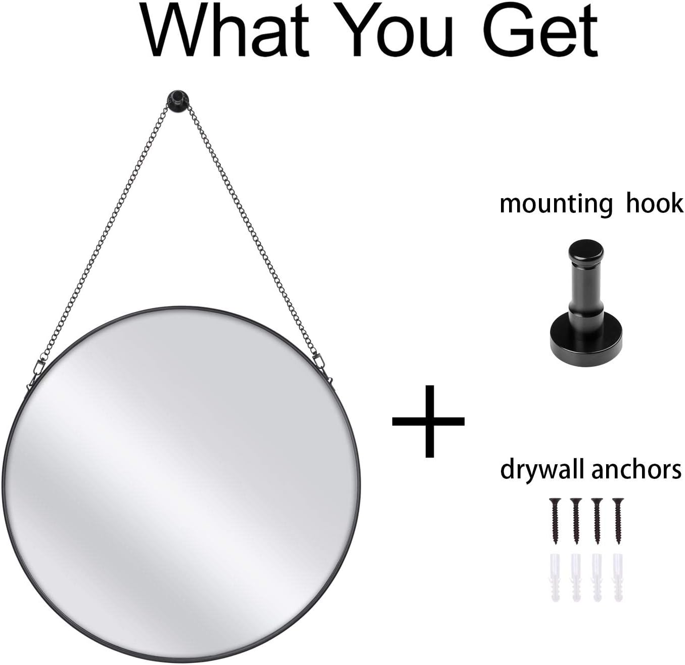 SIMMER STONE Round Wall Mirror, Metal Framed Mirror with Hanging Chain, Decorative Mirror for Bedroom, Living Room and Bathroom, Size 20", Black: Home & Kitchen