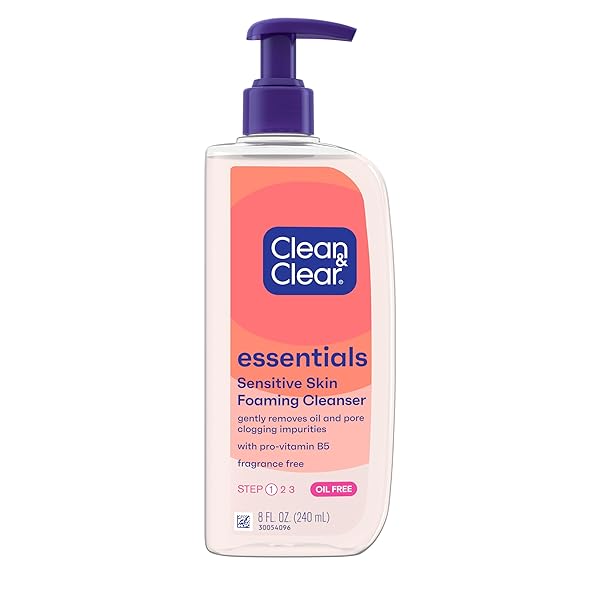 CLEAN & CLEAR ESSENTIALS OIL-FREE FOAMING FACIAL CLEANSER, DAILY FOAMING FACE WASH WITH PRO-VITAMIN B5 FOR SENSITIVE SKIN, GENTLY REMOVES OIL & PORE-CLOGGING IMPURITIES, FRAGRANCE-FREE, 8 FL OZ