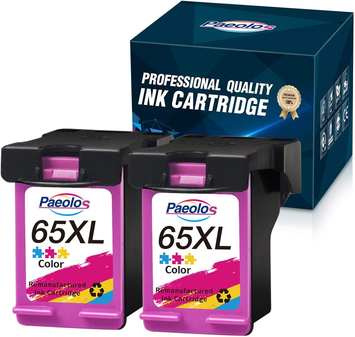 Remanufactured 65XL Ink Cartridges, Compatible with HP DeskJet 2625 2652 3722 3758, AMP 100 120 125, Envy Envy 5010 5012 5020 5052 5030 5032 5034 5055 Printer,2 Tri-Color Pack by Paeolos