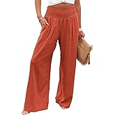 Vansha Women Summer High Waisted Cotton Linen Palazzo Pants Wide Leg Long Lounge Pant Trousers with Pocket