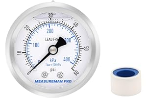 MEASUREMAN PRO 2" Dial Size, Glycerin Filled Pressure Gauge, 0-60psi/kpa, 304 Stainless Steel Case, 1/4" NPT Back Mount,for P