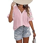 Pinclodly Mexican Embroidered Tops for Women Floral Short Sleeve Boho Tops Bow Tie V Neck Peasant Blouse Loose Summer Tops