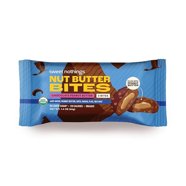 SWEET NOTHINGS, SUPERFOOD NUT BUTTER BITES ORGANIC SNACK, CHOCOLATE WITH PEANUT BUTTER, 2 BITE PACKS – NO ADDED SUGAR, PLANT BASED, VEGAN, ONLY 7 INGREDIENTS