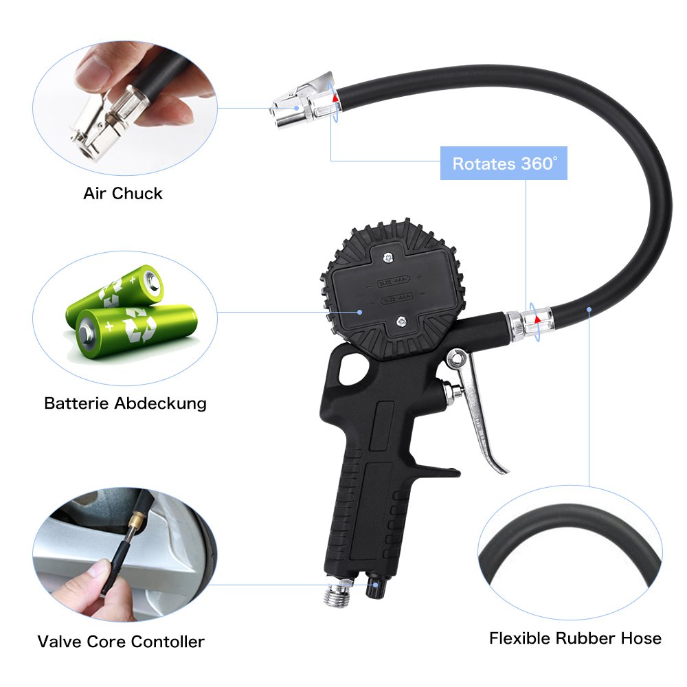 bedee Auto Reifenfüller Gerät Geeicht Manometer Präziser Hochleistungs Reifenfüll Messgerät KFZ Reifendruckprüfer mit 90° Ventil Adapter, Schraubendreher für Auto Motorrad LKW PKW, Einfach zu Bedienen