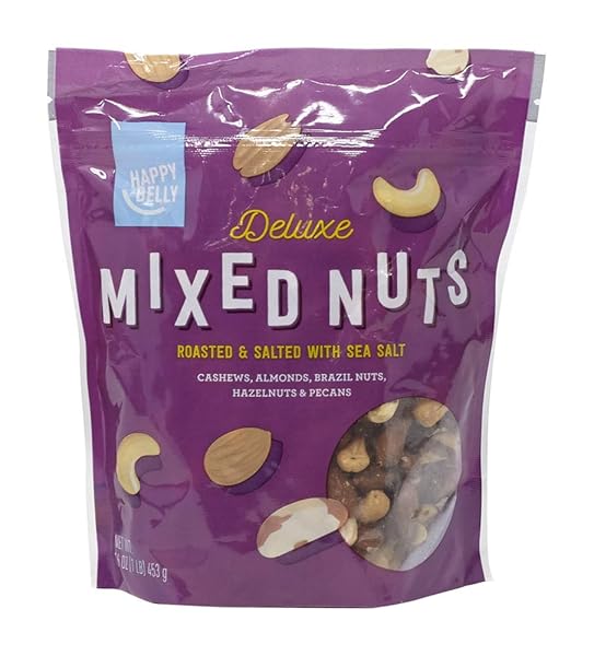 AMAZON BRAND – HAPPY BELLY DELUXE MIXED NUTS, ROASTED AND SALTED, 16 OUNCE
