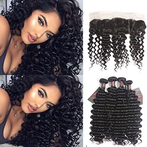 RESACA 13x4 Lace Frontal Closure 8A Brazilian Virgin Hair Deep Wave 3 Bundles Brazilian Deep Wave With Frontal Closure Cheap Human Hair (14 16 18+12, Natural Color)