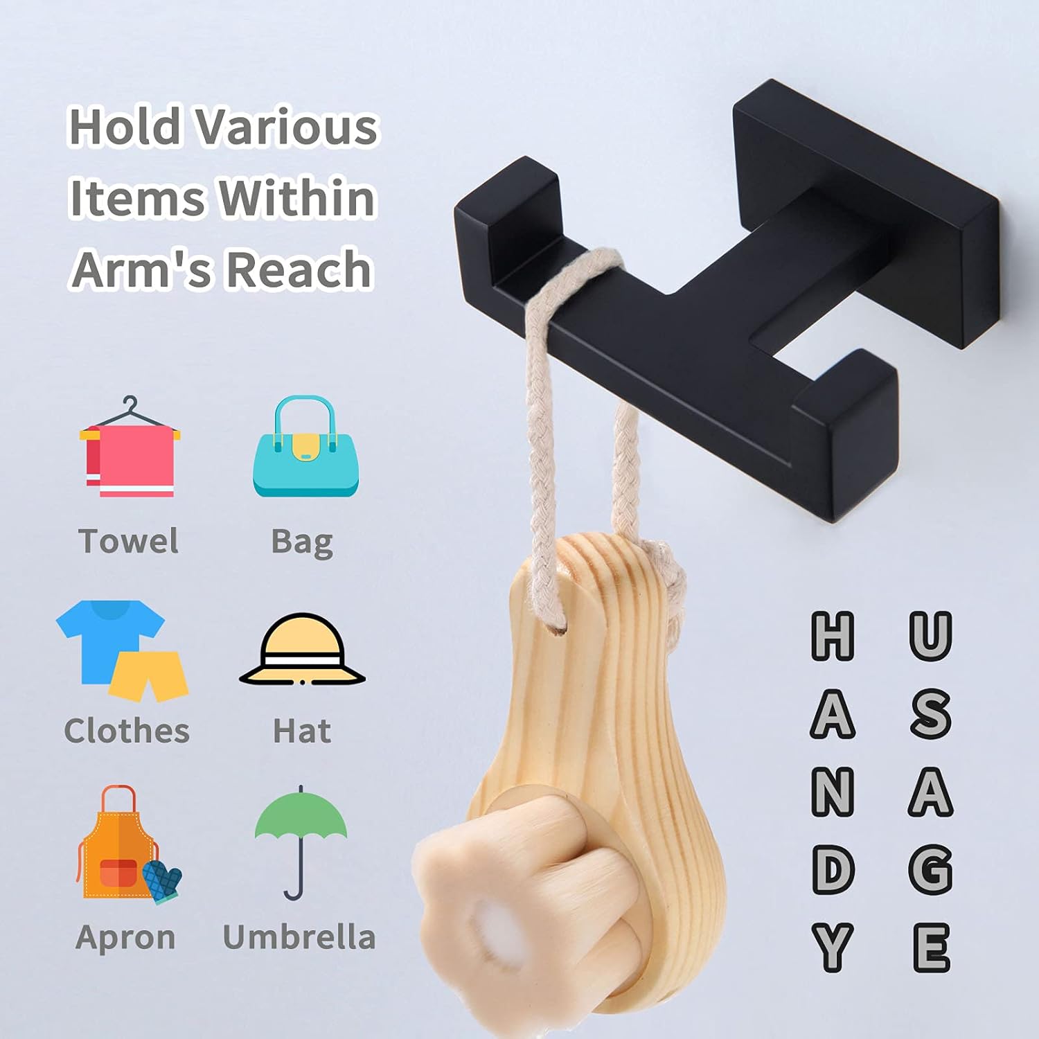 Double Robe Hook, Angle Simple Stainless Steel Bath Towel Hook Coat Hook Purse Holder Kitchen Bathroom Shower Towels Dual Hook Washcloths Jackets Holder Wall Mount, Matte Black - - 