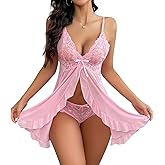 Crexomi Women Sexy Lingerie Open Front Babydoll Dress Lace Chemise Sleepwear Mesh Nightgown with Thong