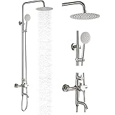 gotonovo Stainless Steel SUS304 Silver Shower faucet Set Wall Mount Triple Function Shower System 8 inches Shower Head Bathroom Adjustable Hand Spray Rainfall Brushed Nickel Shower Faucet Complete Set
