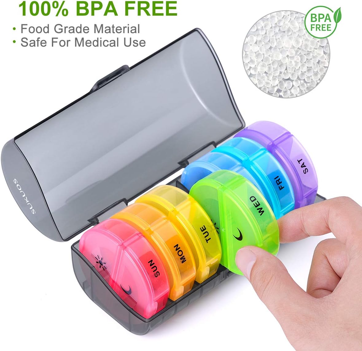 Weekly Pill Organizer 7 Day 2 Times a Day, Sukuos Large Daily Pill Cases for Pills/Vitamin/Fish Oil/Supplements - Rainbow Colors (Black Box): Health & Personal Care