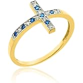 10k Gold Diamond Sideways Cross Ring with Sapphire