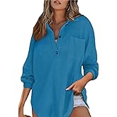 Women’s Waffle Knit Tops Loose Long Sleeve Tops Button Up Henley Shirts V Neck Solid Color Casual Tunic Pullover Tops