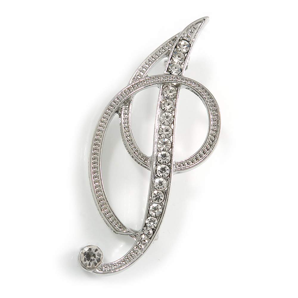 'I' Rhodium Plated Clear Crystal Letter I Alphabet Initial Brooch Personalised Jewellery Gift - 50mm Tall