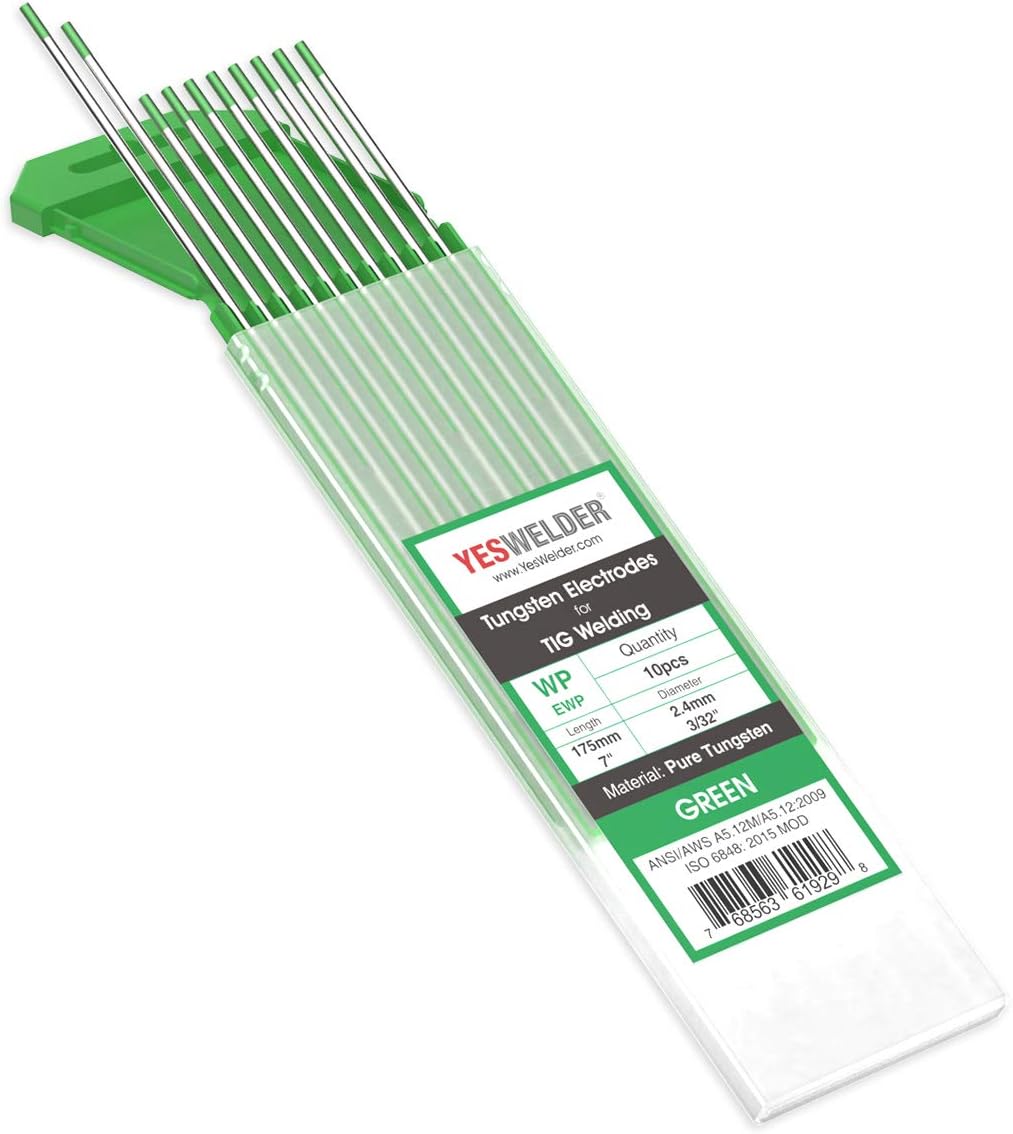TIG Welding Tungsten Electrode Pure Tungsten 3/32" x 7" (Green, EWP) 10-pk YESWELDER - - 