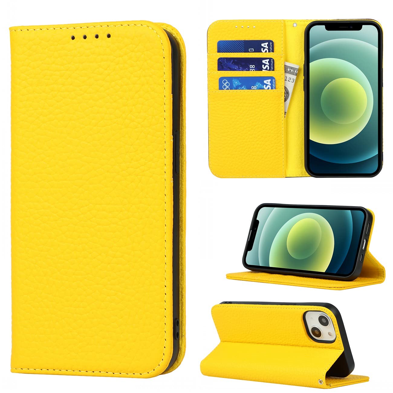 Copmob Phone Case iPhone 13 Mini,Flip Genuine Leather Wallet Case,[4 Slots][Magnetic closure][With Lanyard],Protective Cover Case for iPhone 13 Mini - Yellow