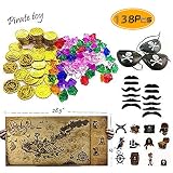 TKOnline 138 piece Pirate Party Supplies and Pirate Favor Toy Bundle( Gold Coins,Pirate Gems, Gemstone Rings,Tattoos, Mustaches, Eye Patches,Maps)