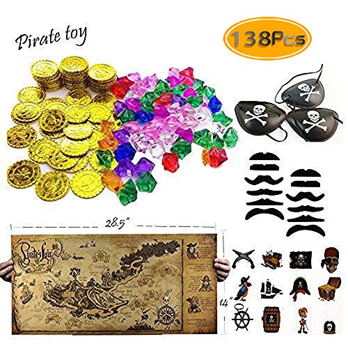 TKOnline 138 piece Pirate Party Supplies and Pirate Favor Toy Bundle( Gold Coins,Pirate Gems, Gemstone Rings,Tattoos, Mustaches, Eye Patches,Maps)