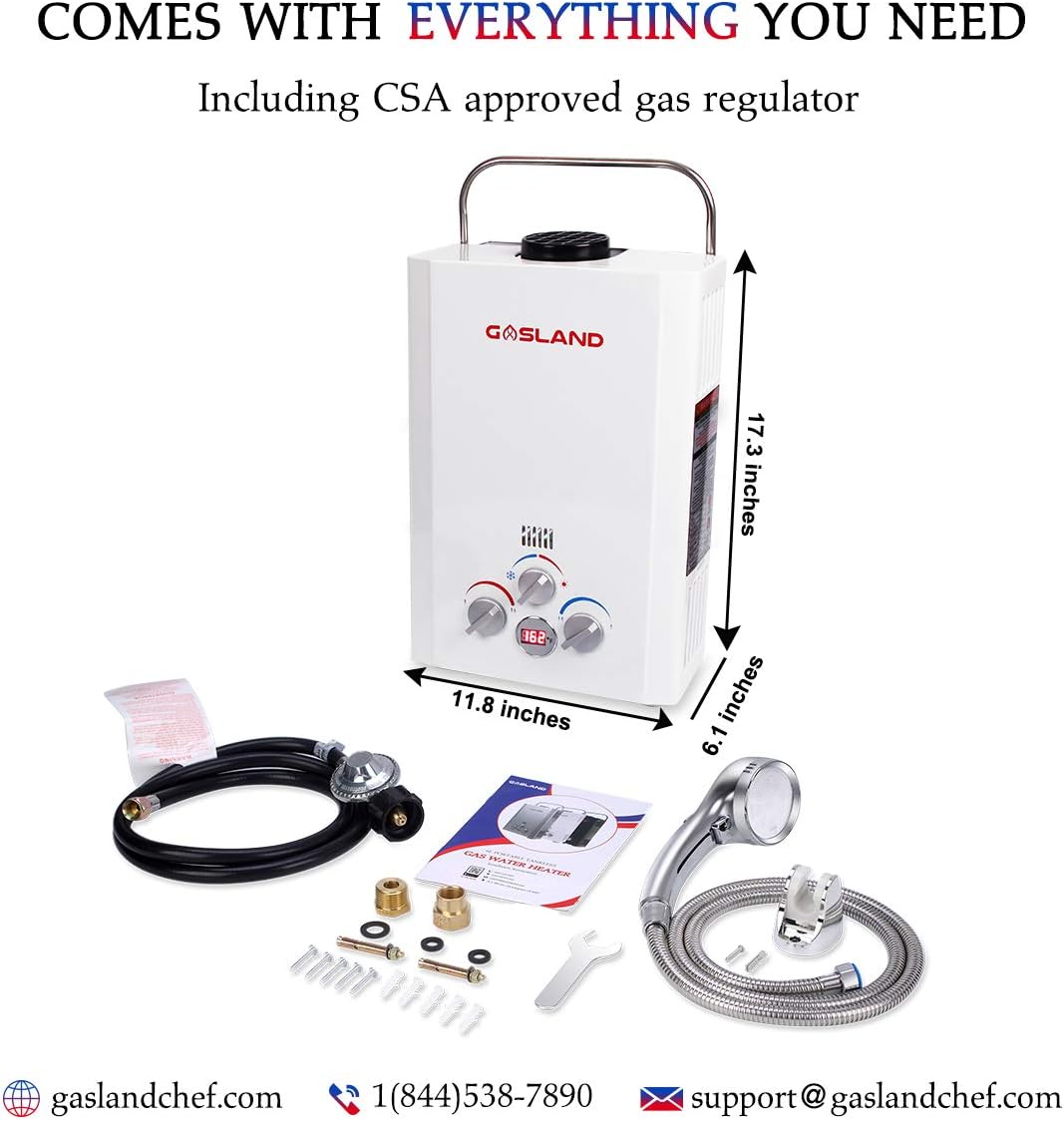 Tankless Water Heater, GASLAND Outdoors BE158 1.58GPM 6L Outdoor Portable Gas Water Heater, Propane Water Heater, Overheating Protection, Easy to Install, Use for RV Cabin Barn Camping Boat, White - - 